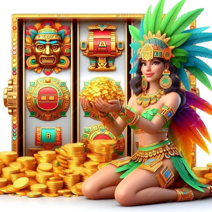 Antarmuka permainan Treasures Aztec menampilkan simbol-simbol tema Aztec dengan desain visual yang memukau